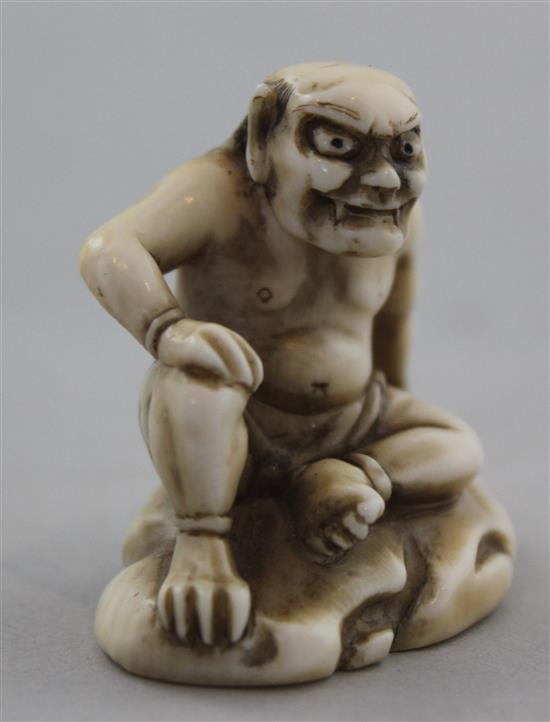 A Japanese ivory netsuke of Raiden (God of Thunder), signed Tomohiro, Edo period, 4.3cm